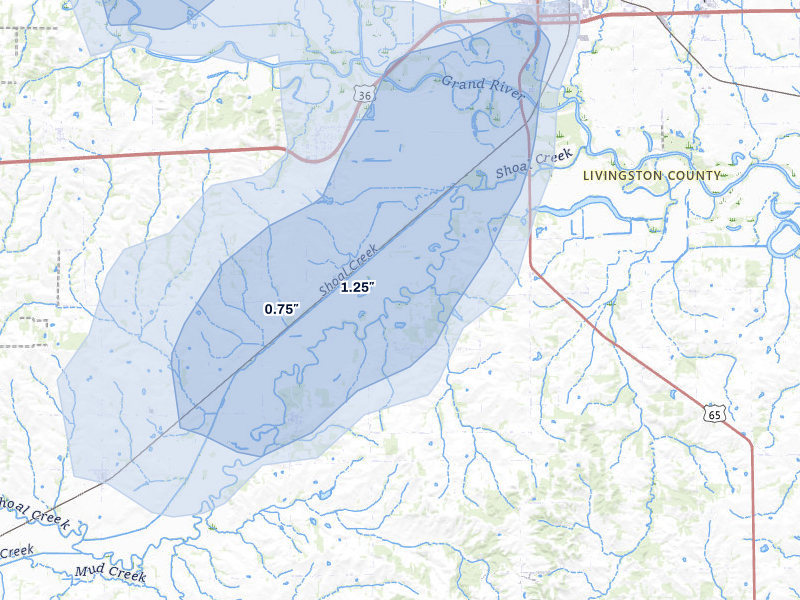 NEXRAD radar-signature map of the hail storm over Dawn, MO on May 16, 2026