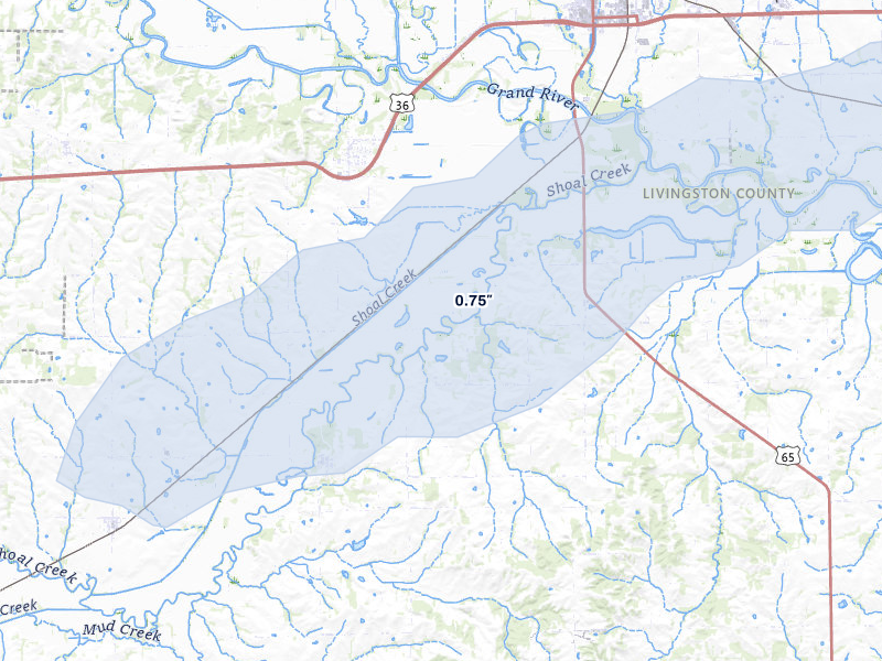 NEXRAD radar-signature map of the hail storm over Dawn, MO on May 31, 2026