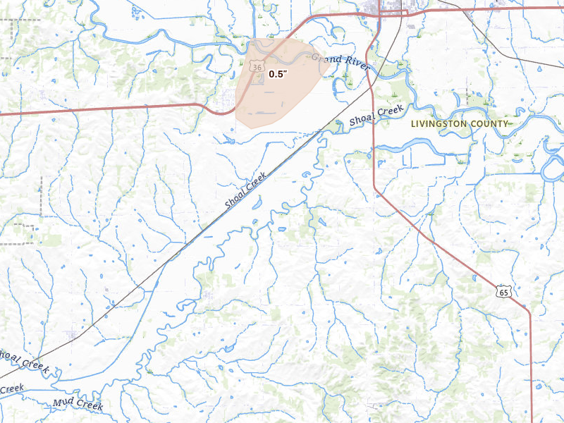 Radar-estimated hail-size map of the storm over Dawn, MO on Aug 14, 2026