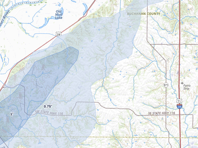 NEXRAD radar-signature map of the hail over De Kalb, MO