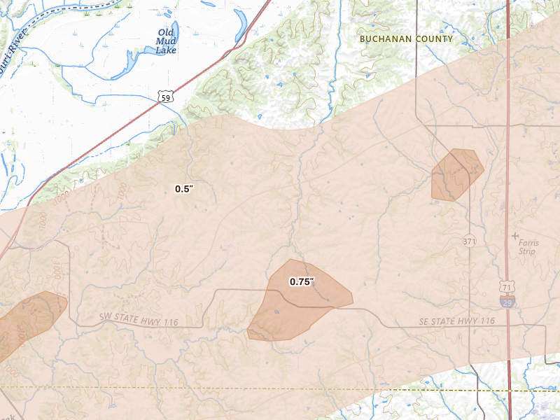 Radar-estimated hail-size map of the storm over De Kalb, MO on Apr 17, 2026