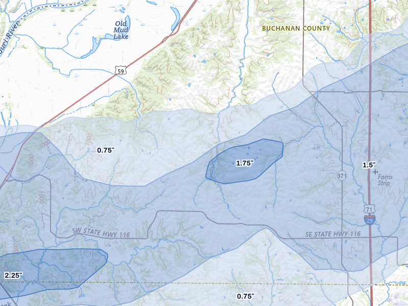 NEXRAD radar-signature map of the hail over De Kalb, MO