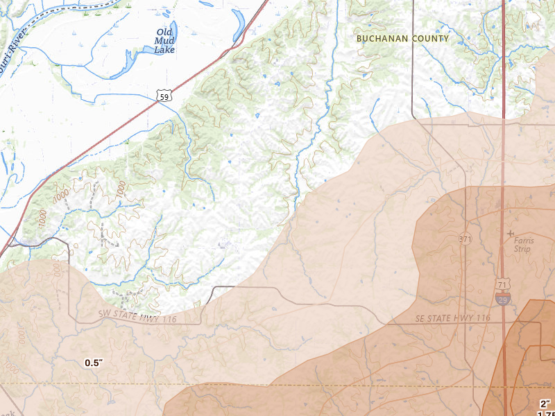 Radar-estimated hail-size map of the storm over De Kalb, MO on Apr 26, 2026