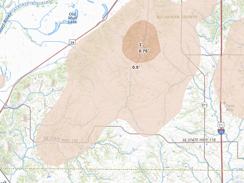 Radar-estimated hail-size map of the storm over De Kalb, MO on Jul 3, 2026