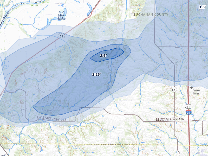 NEXRAD radar-signature map of the hail storm over De Kalb, MO on Jul 3, 2026