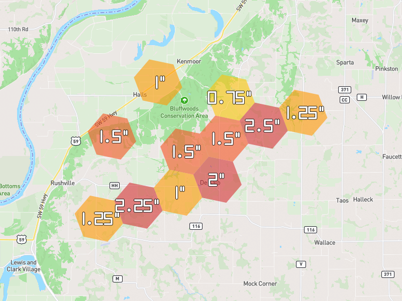 Hail map of De Kalb, MO on Jul 3, 2026, hail up to 2.5"