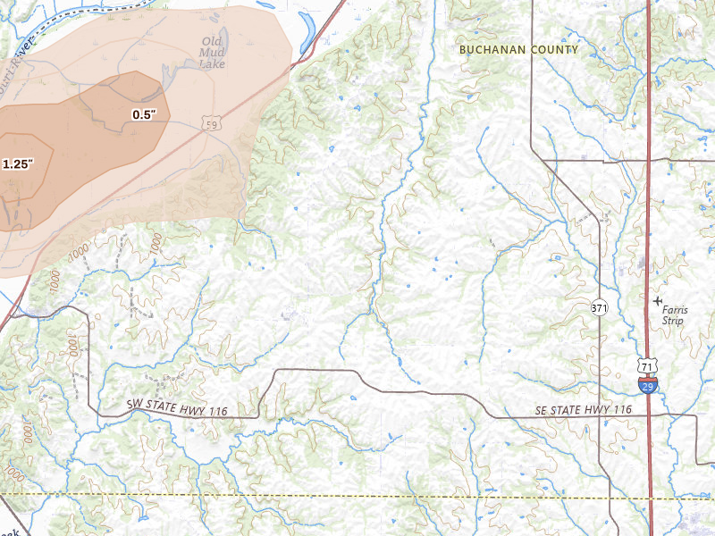 Radar-estimated hail-size map of the storm over De Kalb, MO on Jul 10, 2026