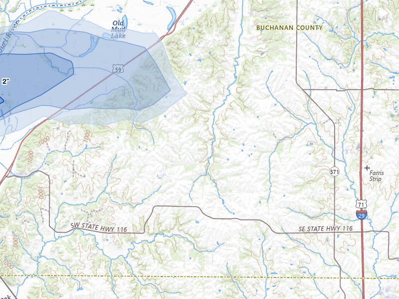 NEXRAD radar-signature map of the hail storm over De Kalb, MO on Jul 10, 2026