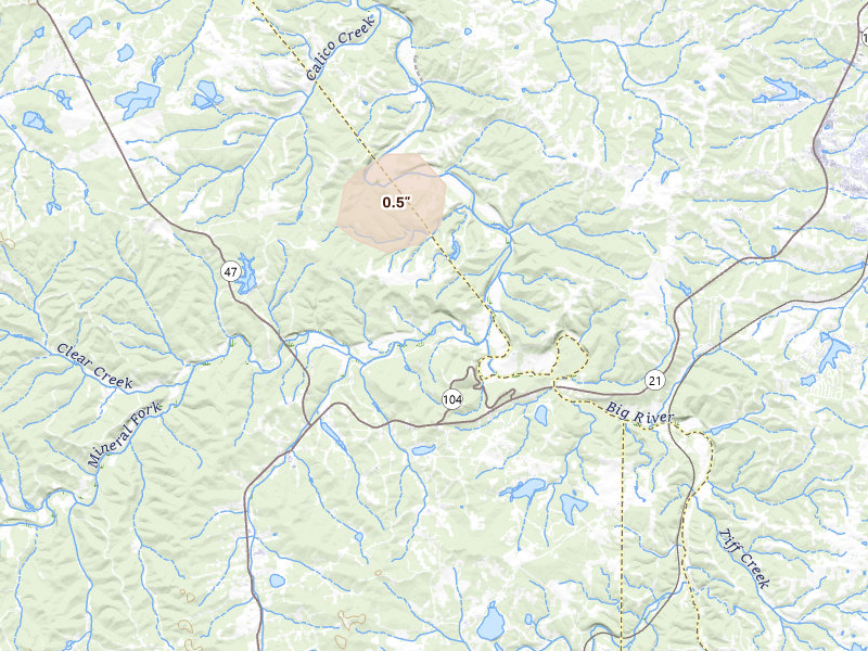 Radar-estimated hail-size map of the storm over De Soto, MO on Aug 6, 2026