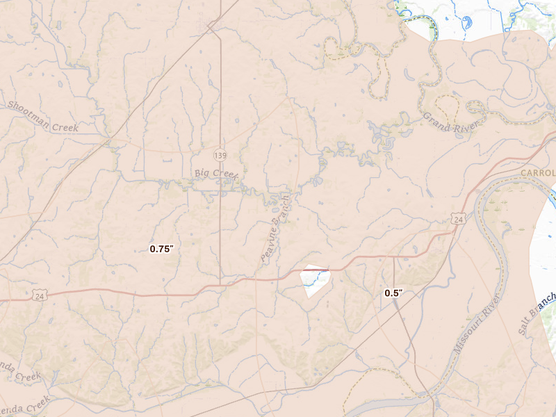 Radar-estimated hail-size map of the storm over De Witt, MO on Apr 26, 2026