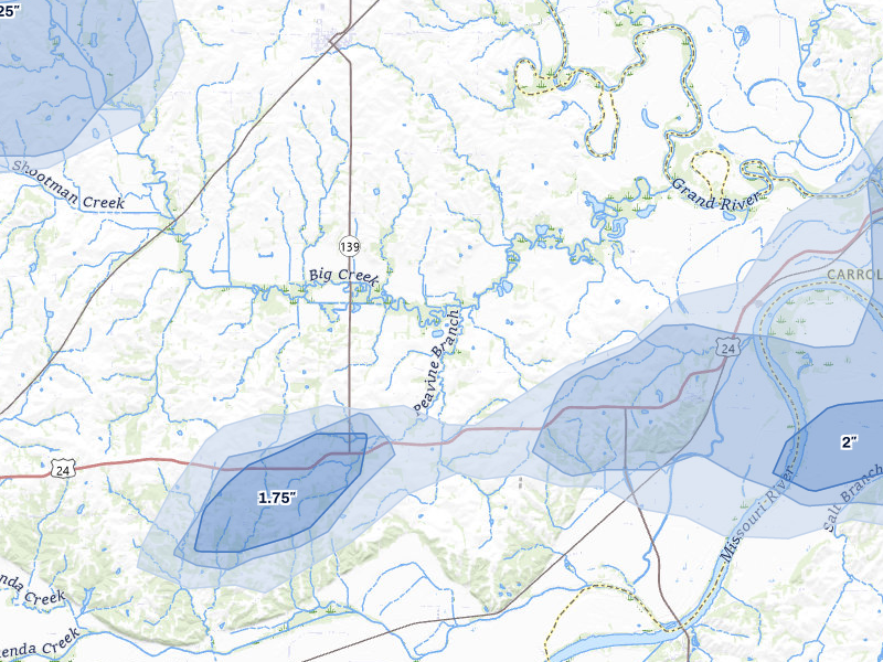 NEXRAD radar-signature map of the hail storm over De Witt, MO on Apr 26, 2026