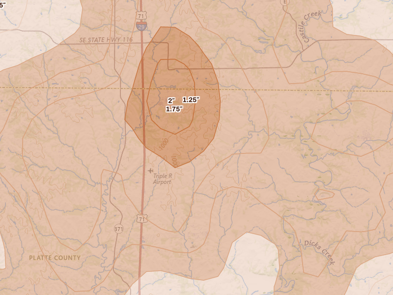 Radar-estimated hail-size map of the storm over Dearborn, MO on Apr 26, 2026