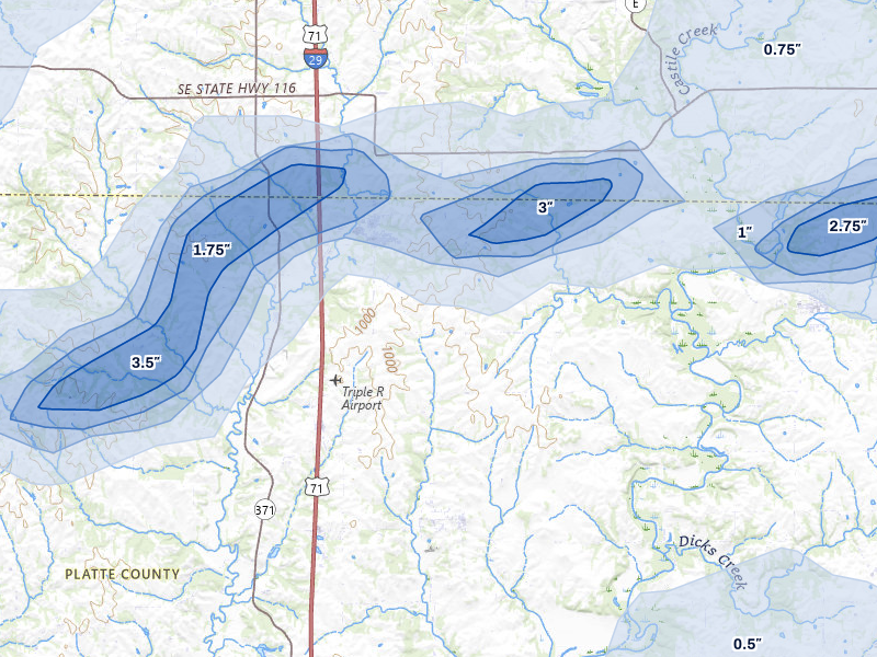 NEXRAD radar-signature map of the hail over Dearborn, MO