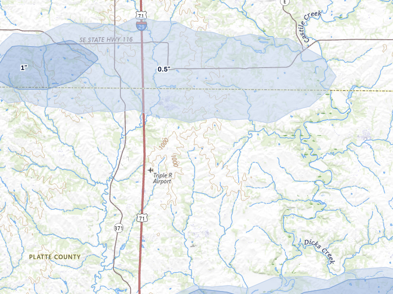 NEXRAD radar-signature map of the hail storm over Dearborn, MO on May 31, 2026