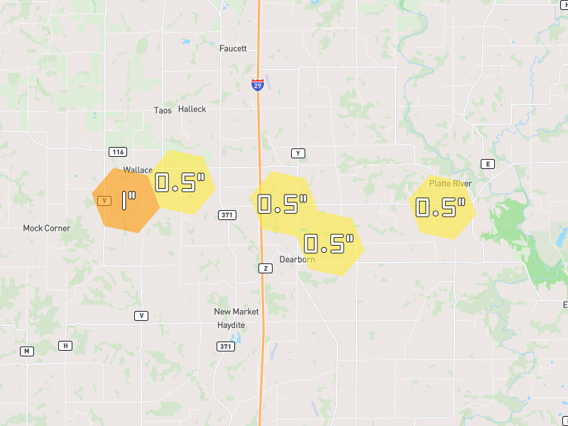 Hail map of Dearborn, MO on Jun 1, 2026, hail up to 1"
