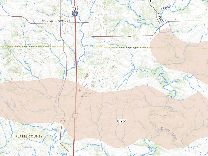 Radar-estimated hail-size map of the storm over Dearborn, MO on Aug 5, 2026