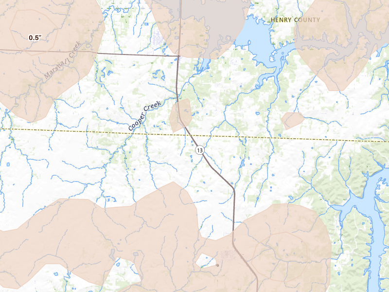 Radar-estimated hail-size map of the storm over Deepwater, MO on Apr 26, 2026