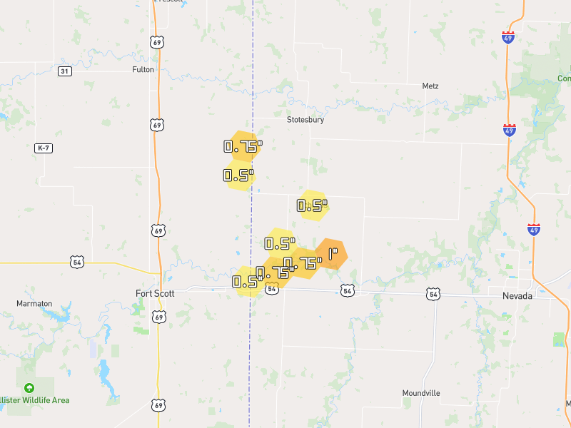 Hail map of Deerfield, MO on Jun 1, 2026, hail up to 1"