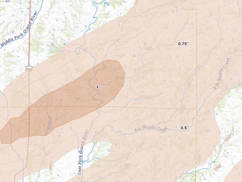 Radar-estimated hail-size map of the storm over Denver, MO on Apr 17, 2026