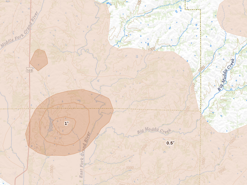 Radar-estimated hail-size map of the storm over Denver, MO on May 16, 2026