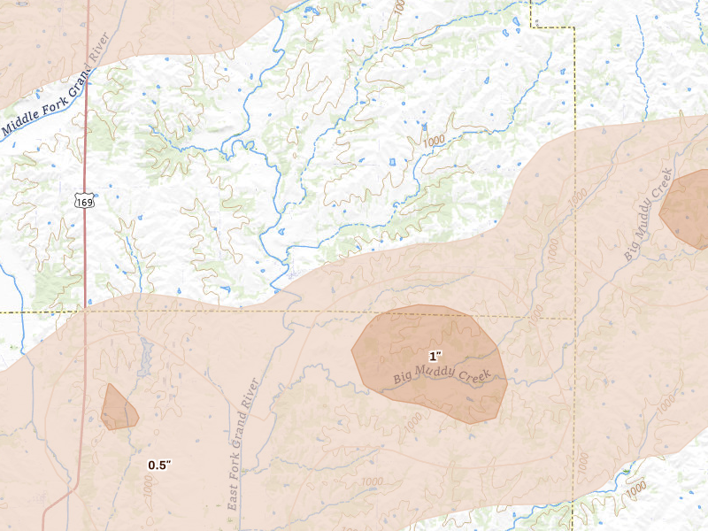 Radar-estimated hail-size map of the storm over Denver, MO on Jun 10, 2026