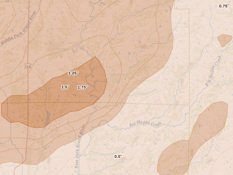 Radar-estimated hail-size map of the storm over Denver, MO on Jun 11, 2026