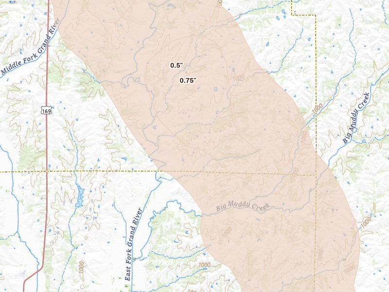 Radar-estimated hail-size map of the storm over Denver, MO on Jul 20, 2026