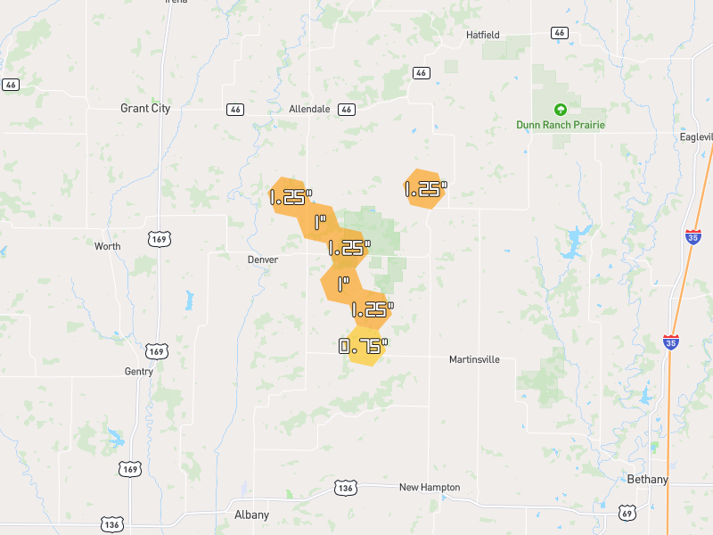 Hail map of Denver, MO on Jul 21, 2026, hail up to 1.25"