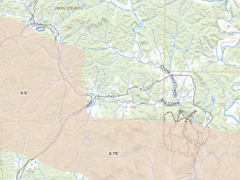 Radar-estimated hail-size map of the storm over Des Arc, MO on Jul 9, 2026