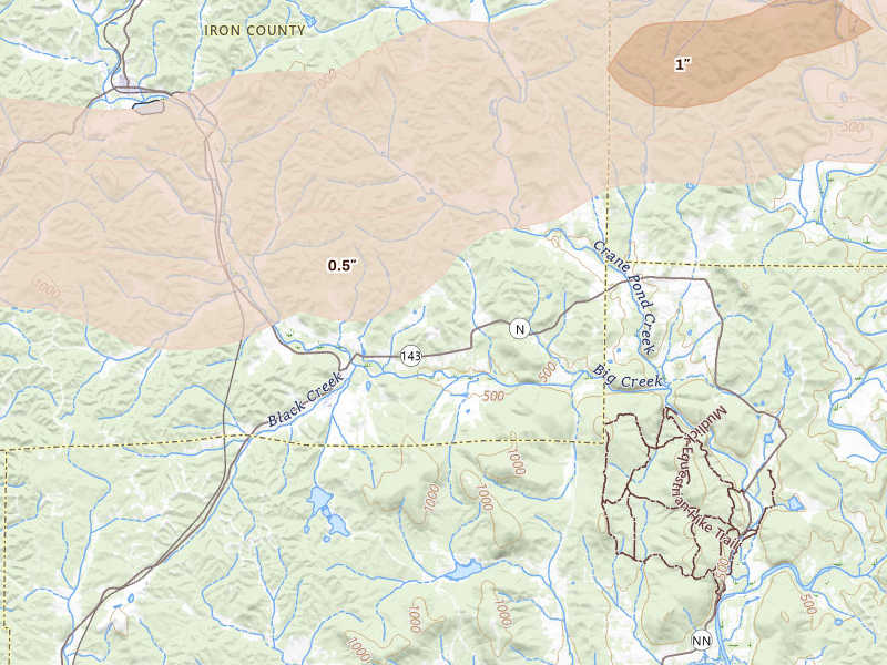 Radar-estimated hail-size map of the storm over Des Arc, MO on Aug 19, 2026