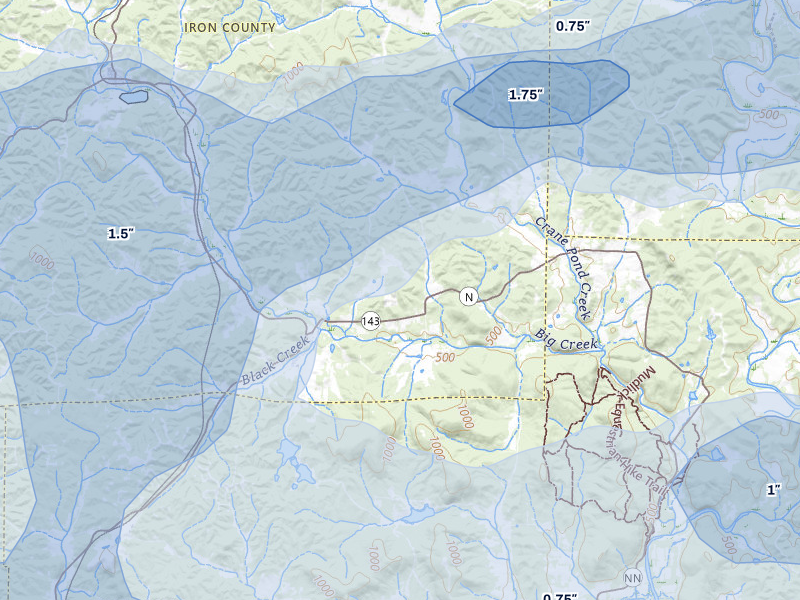 NEXRAD radar-signature map of the hail storm over Des Arc, MO on Aug 19, 2026