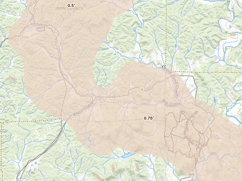 Radar-estimated hail-size map of the storm over Des Arc, MO on Aug 25, 2026