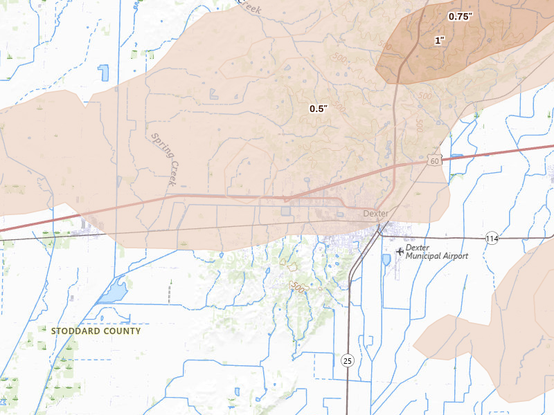 Radar-estimated hail-size map of the storm over Dexter, MO on Apr 16, 2026