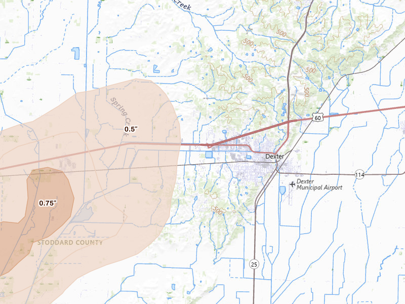 Radar-estimated hail-size map of the storm over Dexter, MO on Apr 26, 2026