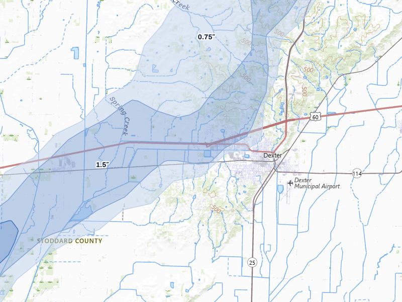 NEXRAD radar-signature map of the hail over Dexter, MO