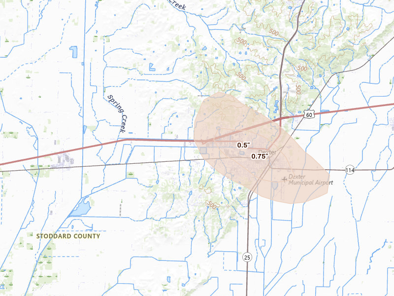Radar-estimated hail-size map of the storm over Dexter, MO on May 31, 2026