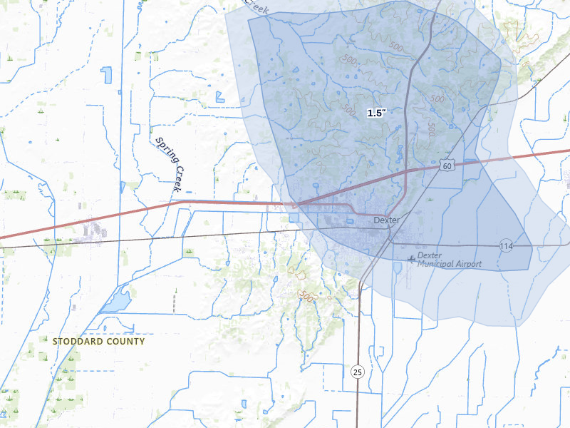 NEXRAD radar-signature map of the hail storm over Dexter, MO on May 31, 2026