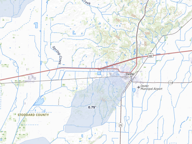 NEXRAD radar-signature map of the hail over Dexter, MO