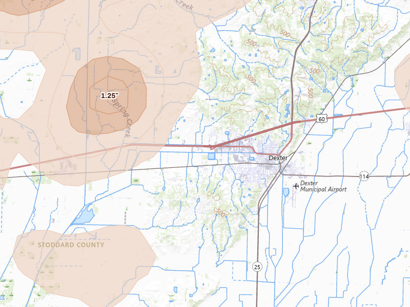 Radar-estimated hail-size map of the storm over Dexter, MO on Jul 9, 2026
