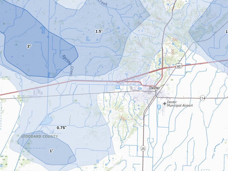 NEXRAD radar-signature map of the hail storm over Dexter, MO on Jul 9, 2026