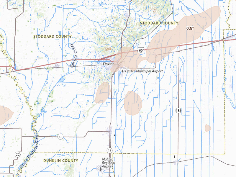 Radar-estimated hail-size map of the storm over Dexter, MO on Aug 19, 2026