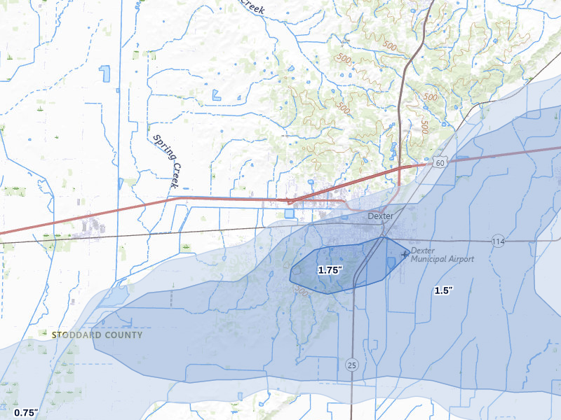 NEXRAD radar-signature map of the hail storm over Dexter, MO on Aug 19, 2026