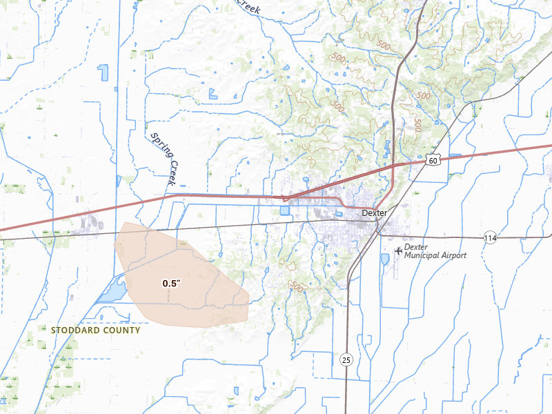 Radar-estimated hail-size map of the storm over Dexter, MO on Aug 26, 2026
