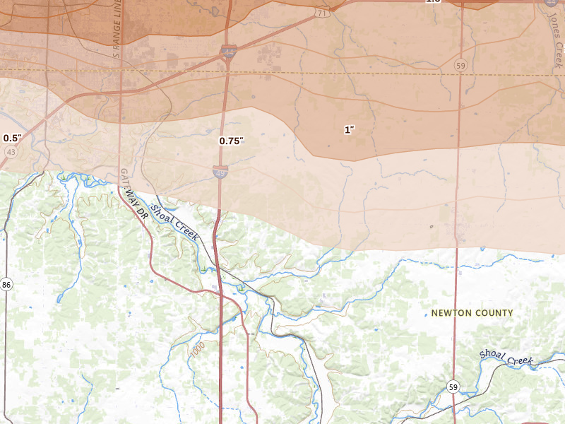 Radar-estimated hail-size map of the storm over Diamond, MO on Apr 26, 2026