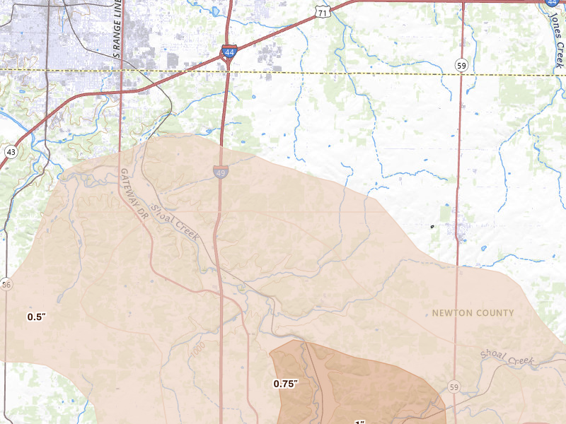Radar-estimated hail-size map of the storm over Diamond, MO on Jun 7, 2026