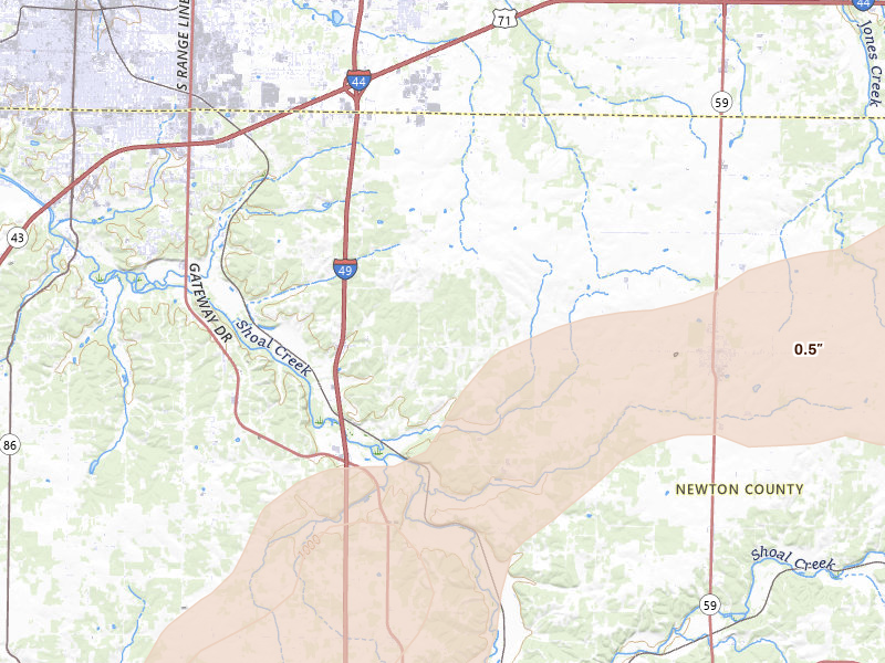 Radar-estimated hail-size map of the storm over Diamond, MO on Jul 4, 2026