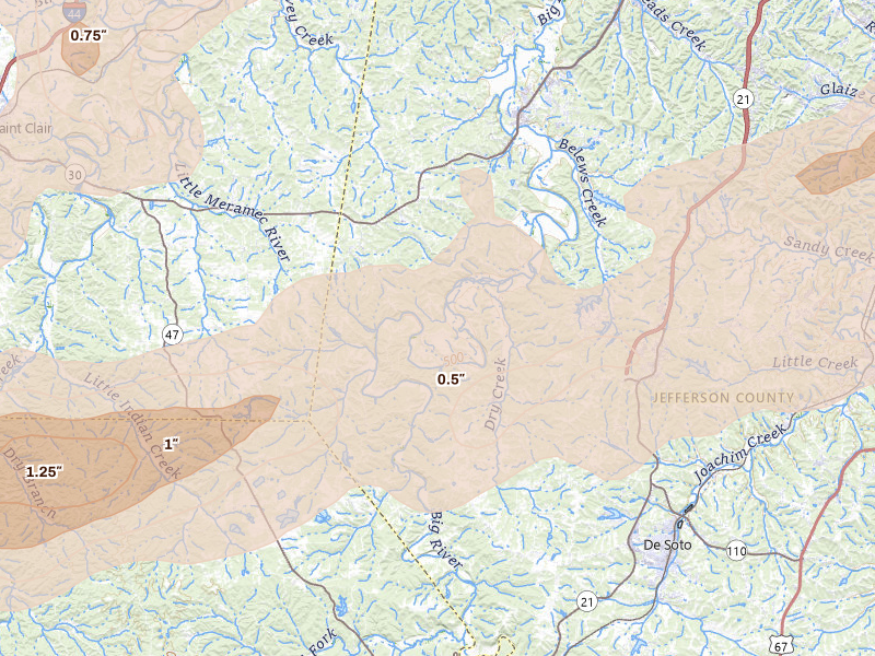 Radar-estimated hail-size map of the storm over Dittmer, MO on Apr 27, 2026