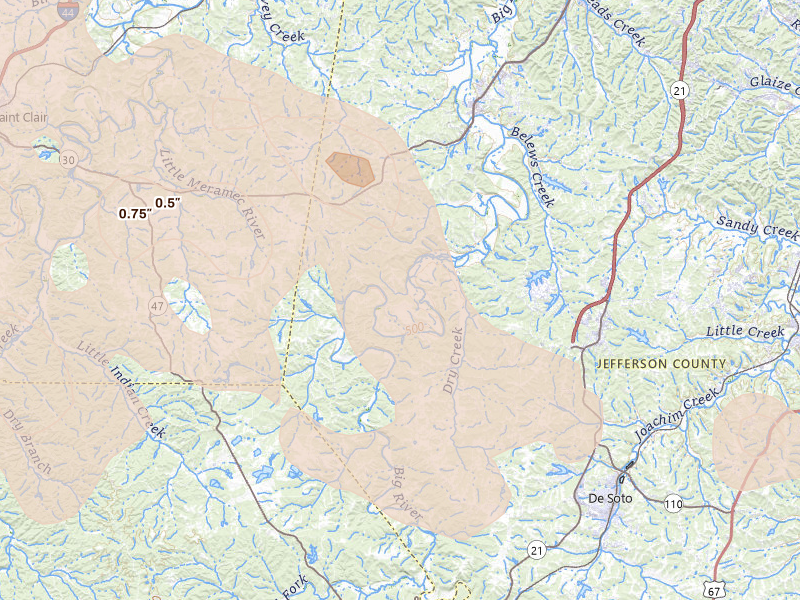 Radar-estimated hail-size map of the storm over Dittmer, MO on Aug 12, 2026