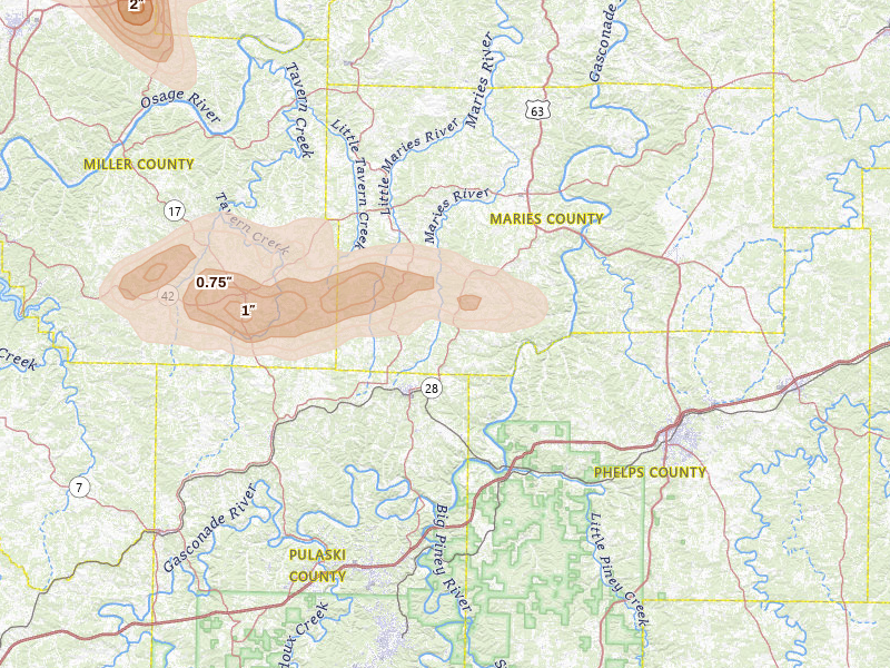 Radar-estimated hail-size map of the storm over Dixon, MO