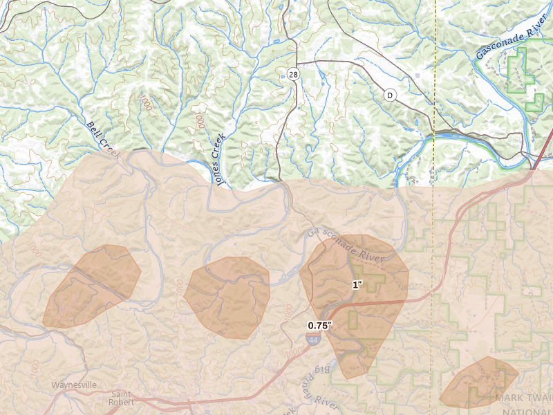 Radar-estimated hail-size map of the storm over Dixon, MO on Apr 26, 2026